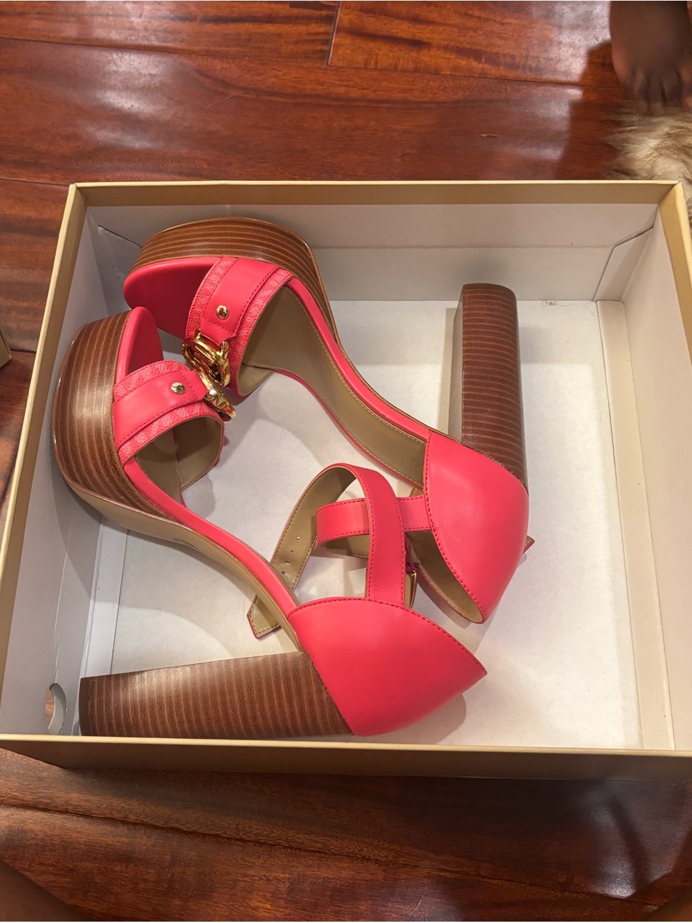 Michael Kors Coral Pink Platform Block Heel Sandals with Gold Accent